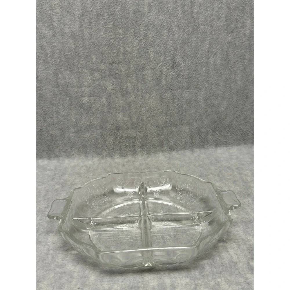 Vintage Relish Dish Clear 4 Sections‎ Divided Serving Piece Etched MCM